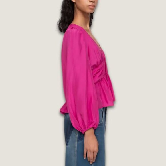 Sea New York Fabiola Silk Habotai Blouse Ruched Smocked Detailing Magenta 2 NWOT - Picture 3 of 13